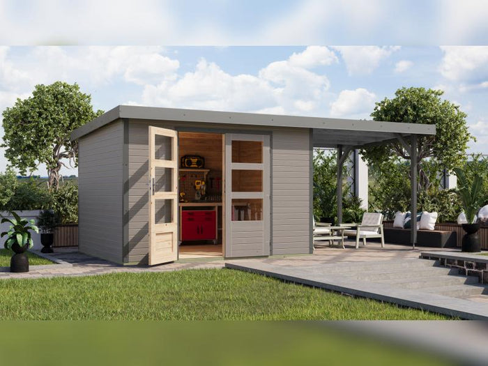 Karibu Hybrid Gartenhaus Jupiter 5 D wassergrau/graualuminium, inkl. 2,35 m Anbaudach