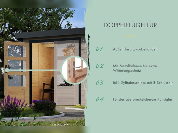 Karibu Hybrid Gartenhaus Jupiter D wassergrau/weiß inkl. 2,40 m Anbaudach