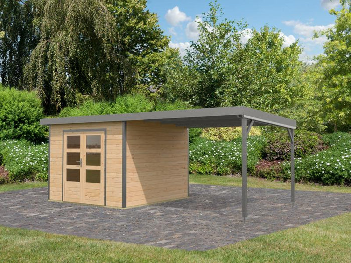 Karibu Hybrid Gartenhaus Pluto 6 A, naturbelassen/graualuminium inkl. 3 m Anbaudach
