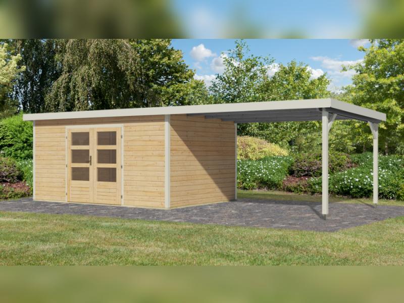 Karibu Hybrid Gartenhaus Pluto 7 A, naturbelassen/weiß, inkl. 3 m Anbaudach