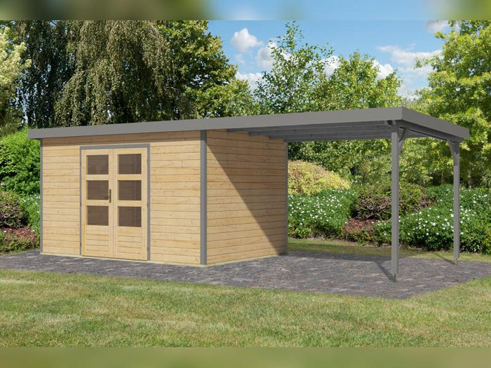 Karibu Hybrid Gartenhaus Pluto 7 A, naturbelassen/graualuminium, inkl. 3 m Anbaudach