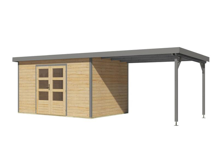 Karibu Hybrid Gartenhaus Pluto 7 A, naturbelassen/graualuminium, inkl. 3 m Anbaudach