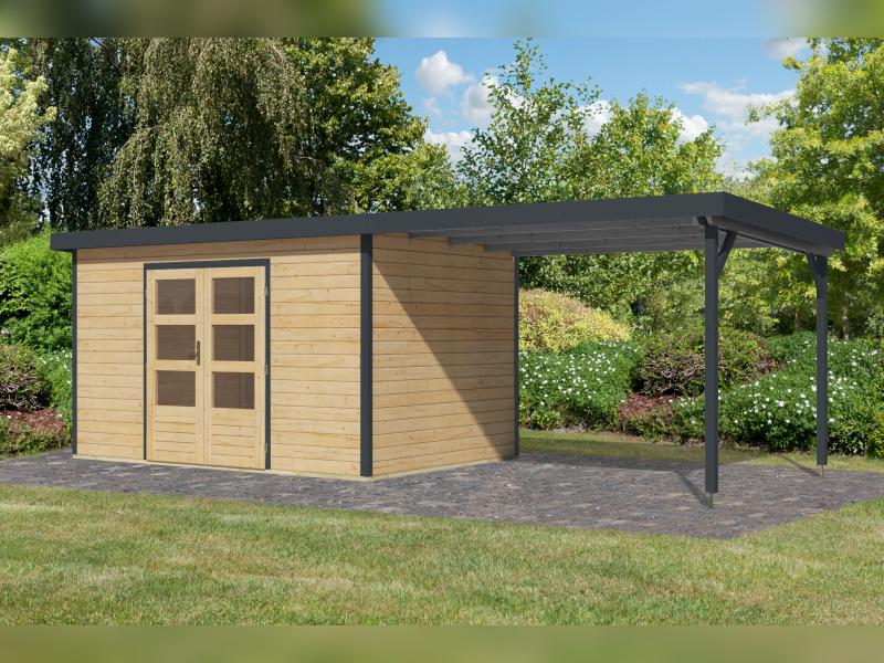 Karibu Hybrid Gartenhaus Pluto 7 A, naturbelassen/anthrazit, inkl. 3 m Anbaudach