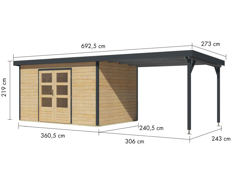 Karibu Hybrid Gartenhaus Pluto 7 A, naturbelassen/anthrazit, inkl. 3 m Anbaudach