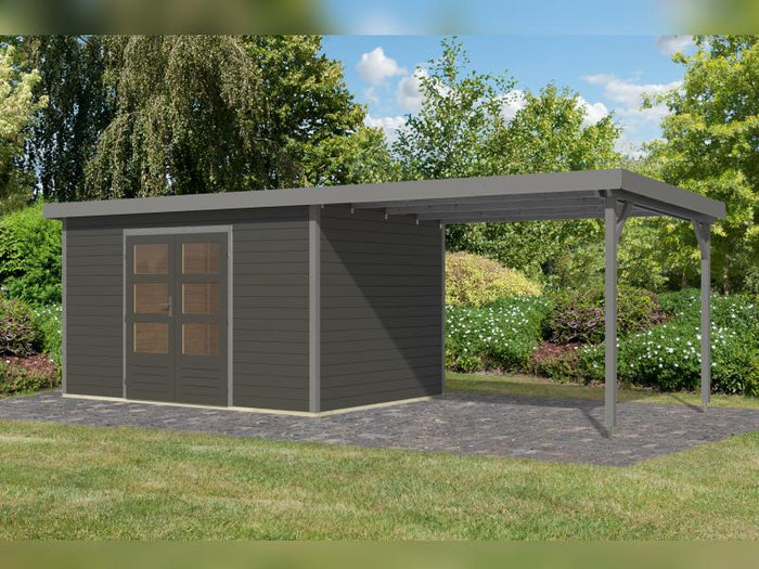 Karibu Hybrid Gartenhaus Pluto 7 B, terragrau/graualuminium, inkl. 3 m Anbaudach