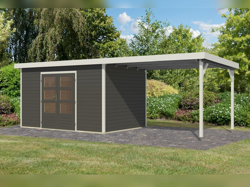 Karibu Hybrid Gartenhaus Pluto 7 B, terragrau/weiß, inkl. 3 m Anbaudach