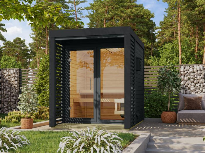 Karibu Hybrid Saunahaus Ares 1, anthrazit/anthrazit-inkl. 9 kW Bioofen ext. Steuerung-