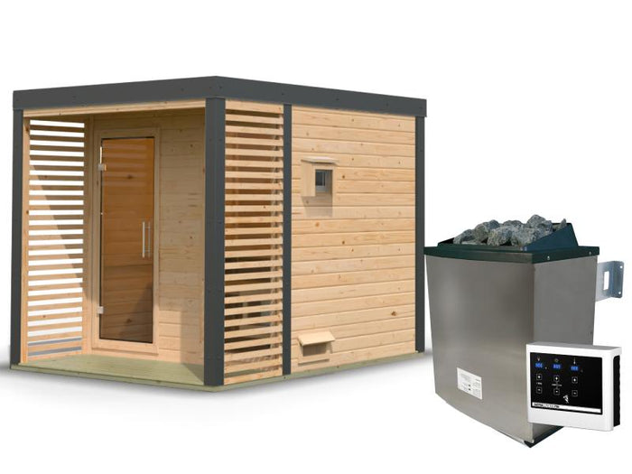 Karibu Hybrid Saunahaus Ares 2, naturbelassen/anthrazit -inkl. 9 kW Ofen ext. Steuerung-