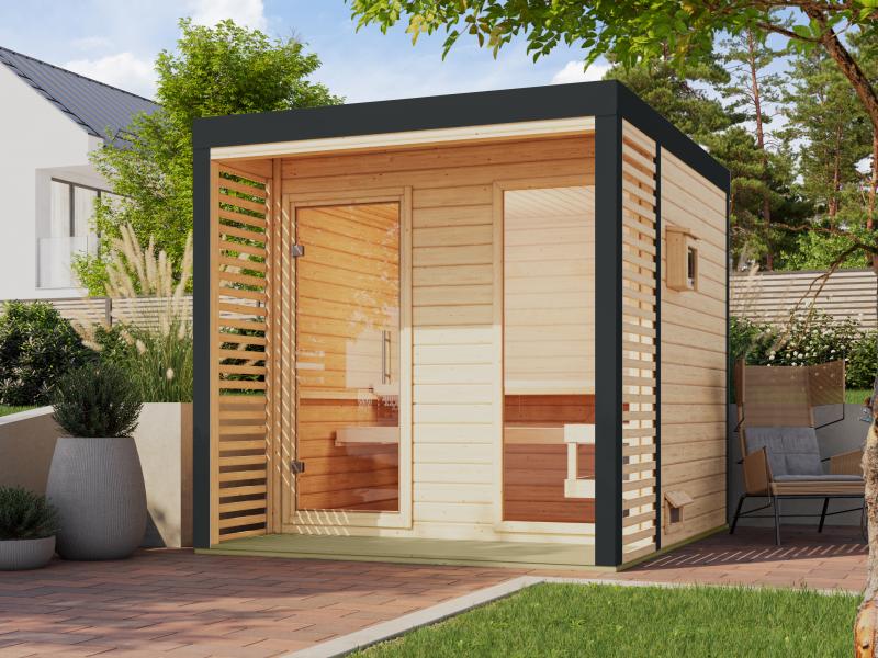 Karibu Hybrid Saunahaus Ares 2, naturbelassen/anthrazit -inkl. 9 kW Ofen ext. Steuerung-