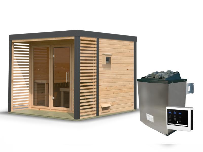 Karibu Hybrid Saunahaus Ares 3, naturbelassen/anthrazit -inkl. 9 kW Ofen ext. Steuerung-