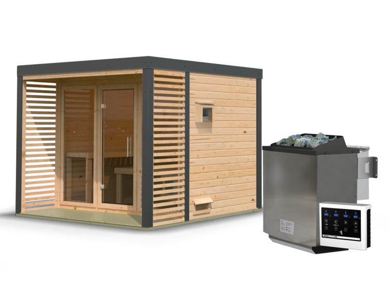 Karibu Hybrid Saunahaus Ares 3, naturbelassen/anthrazit -inkl. 9 kW Bioofen ext. Steuerung-