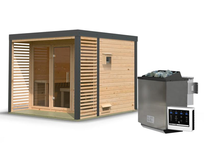 Karibu Hybrid Saunahaus Ares 3, naturbelassen/anthrazit -inkl. 9 kW Bioofen ext. Steuerung-