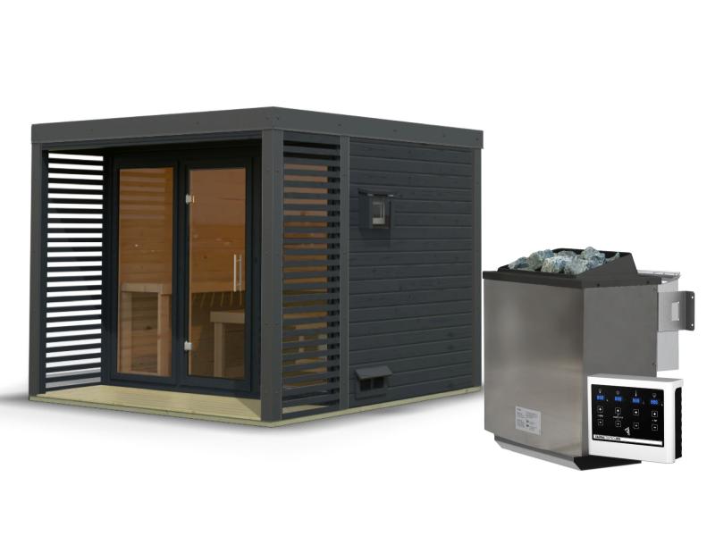 Karibu Hybrid Saunahaus Ares 3,anthrazit/anthrazit -inkl. 9 kW Bioofen ext. Steuerung-