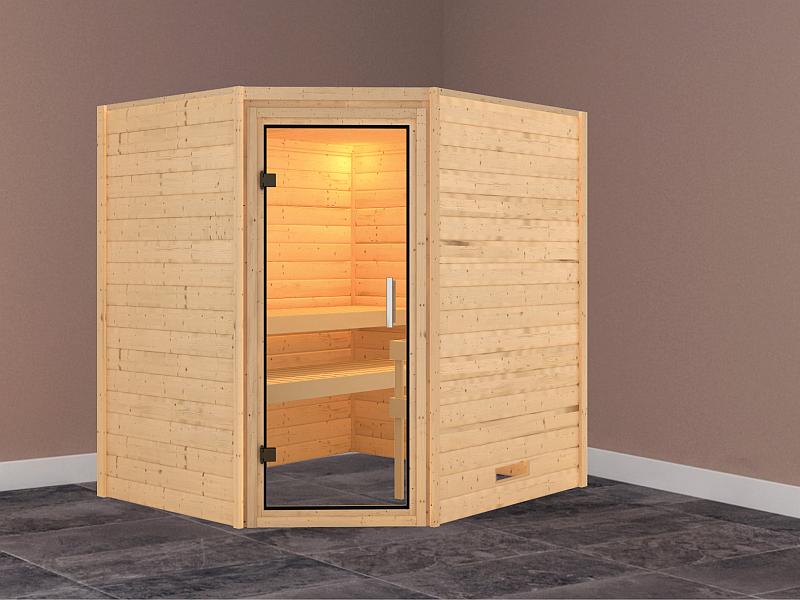 Karibu Massivholzsauna Mia 38 mm mit Klarglas Saunatür, ohne Dachkranz