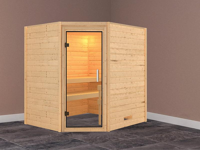 Karibu Massivholzsauna Mia 38 mm mit Klarglas Saunatür, ohne Dachkranz