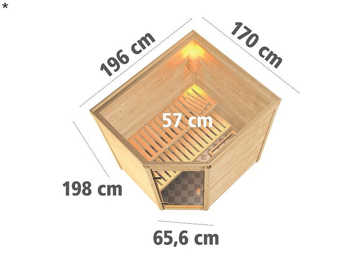 Karibu Massivholzsauna Mia 38 mm mit Klarglas Saunatür, ohne Dachkranz
