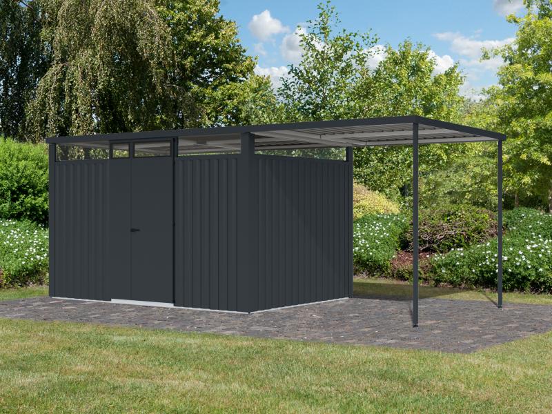 Karibu Metallgerätehaus Osten 3, anthrazit, inkl. Anbaudach 2,25 m