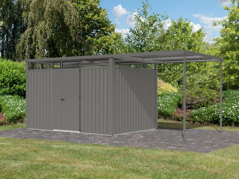 Karibu Metallgerätehaus Osten 3, graualuminium, inkl. Anbaudach 2,25 m