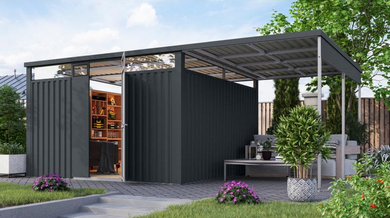 Karibu Metallgerätehaus Osten 3,5 anthrazit, inkl. Anbaudach 2,25 m