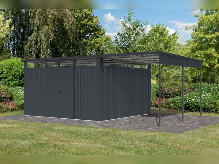 Karibu Metallgerätehaus Osten 4, anthrazit, inkl. Anbaudach 2,25 m