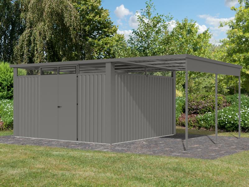 Karibu Metallgerätehaus Osten 4, graualuminium, inkl. Anbaudach 2,25 m