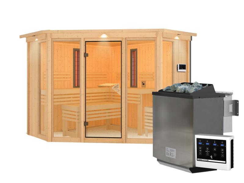 Karibu Multifunktions-Sauna Asta mit Dachkranz, 9 kW Bioofen und Infrarotstrahler