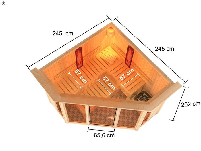 Karibu Multifunktions-Sauna Asta mit Dachkranz, 9 kW Bioofen und Infrarotstrahler