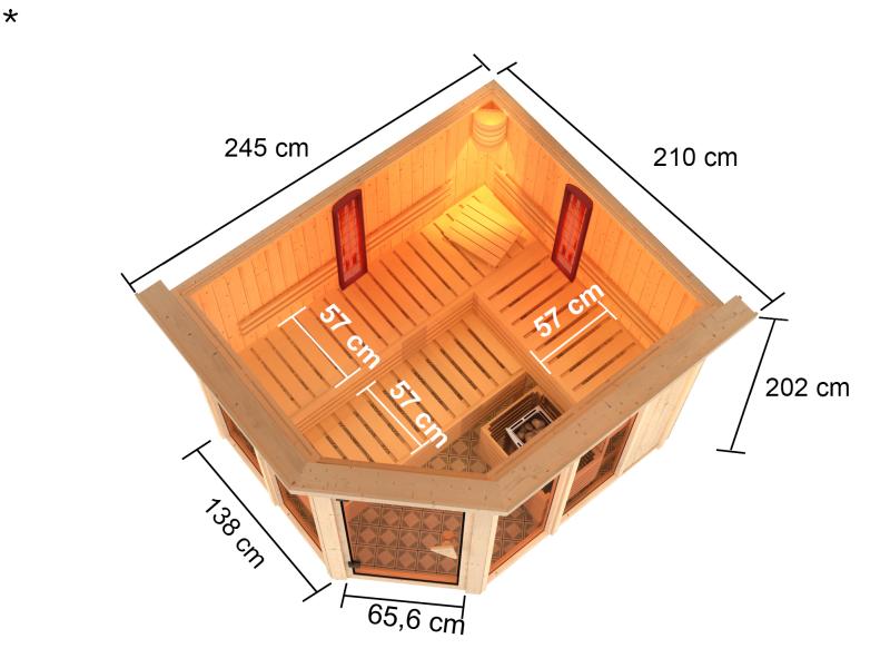 Karibu Multifunktions-Sauna Ava mit Dachkranz, 9 kW Ofen und Infrarotstrahler