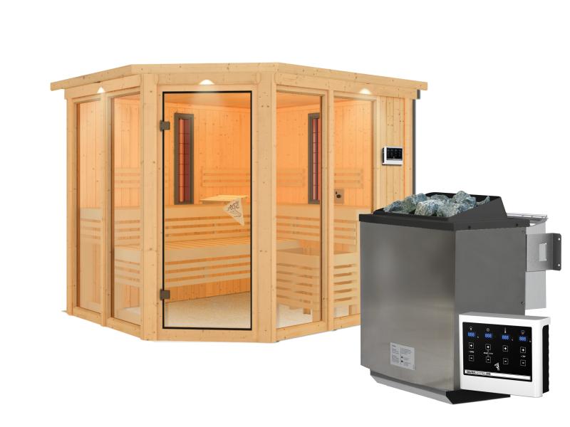 Karibu Multifunktions-Sauna Ava mit Dachkranz, 9 kW Bioofen und Infrarotstrahler