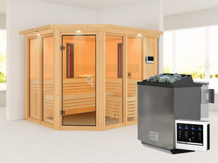 Karibu Multifunktions-Sauna Ava mit Dachkranz, 9 kW Bioofen und Infrarotstrahler