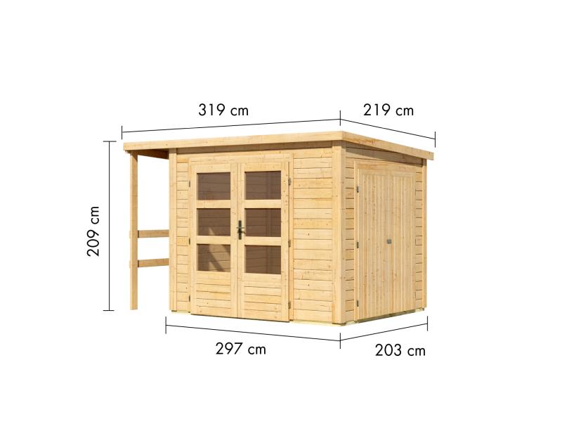 Karibu Multifunktionshaus Pultdach mit Schrank und Anbaudach 28 mm