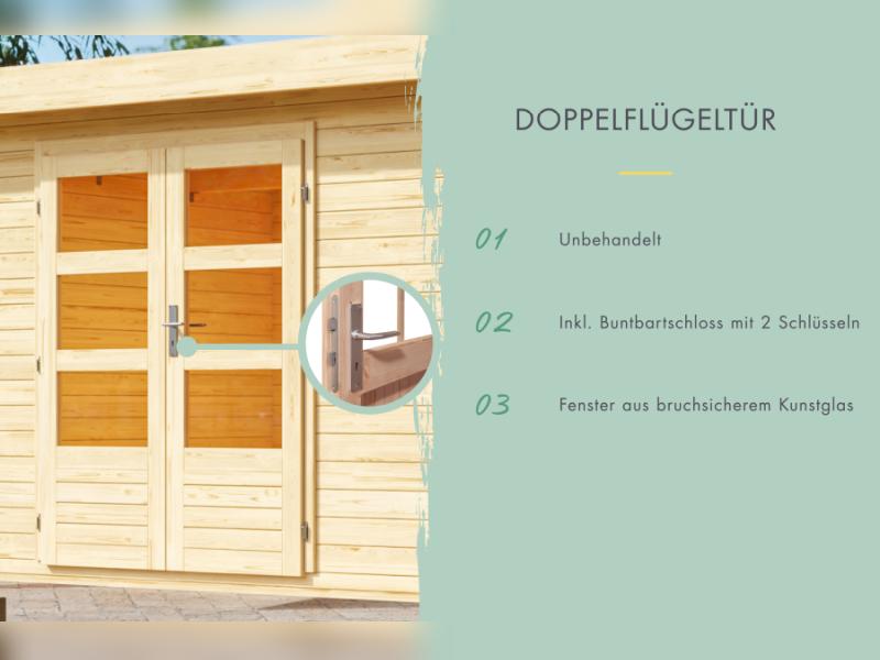 Karibu Multifunktionshaus Pultdach mit Schrank und Anbaudach 28 mm