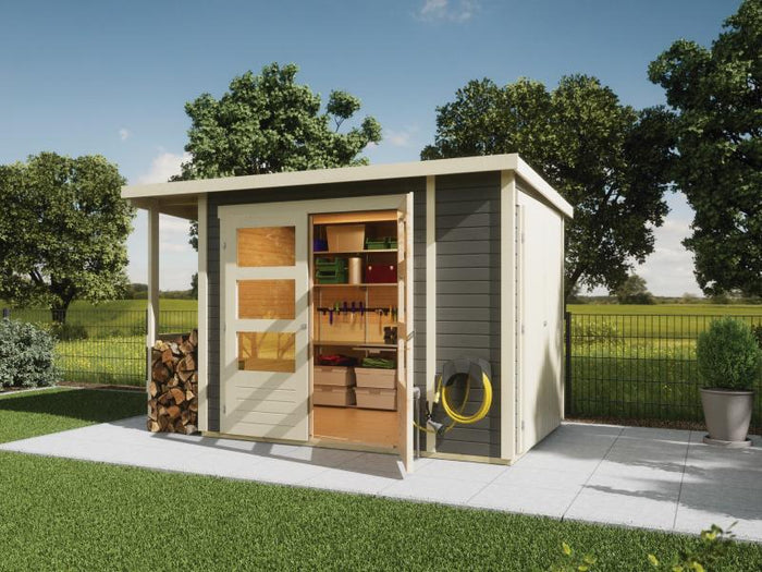 Karibu Multifunktionshaus Pultdach mit Schrank und Anbaudach 19 mm, terragrau