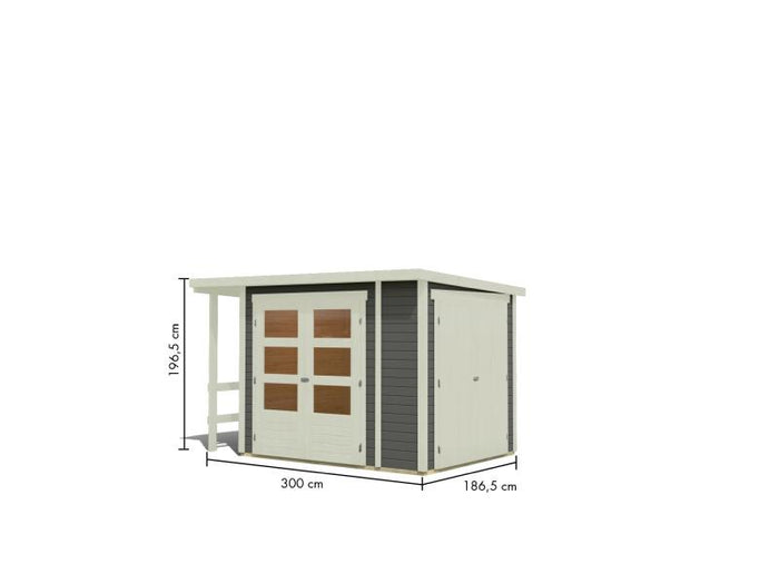 Karibu Multifunktionshaus Pultdach mit Schrank und Anbaudach 19 mm, terragrau
