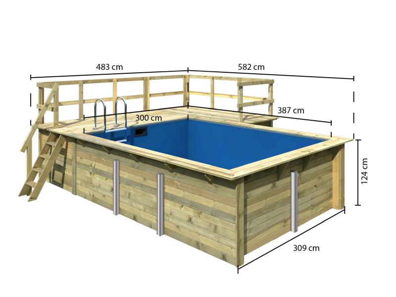 Karibu Rechteck Pool Größe 2 im Set inkl. Filterpaket, Terrasse 3,5 m und Seitenterrasse