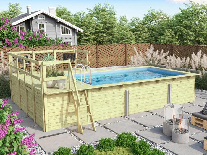Karibu Rechteck Pool Größe 3  im Set inkl. Filterpaket, Terrrasse 3,5 m und Seitenterrasse