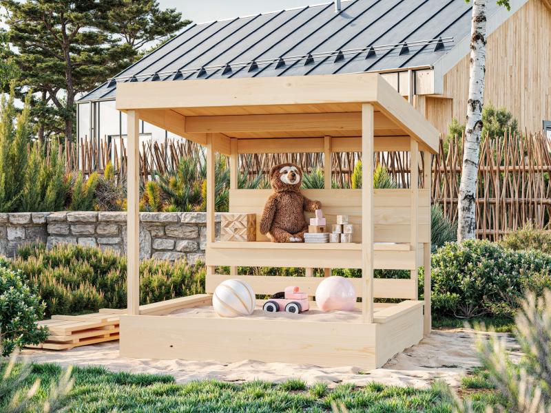 Karibu Sandkasten Max inkl. Dach und Matschküche, naturbelassen