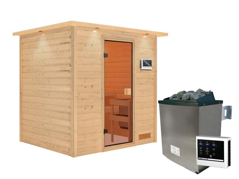 Karibu Sauna Adelina inkl. 9 kW Ofen ext. Steuerung mit klassischer Saunatür -mit Dachkranz-