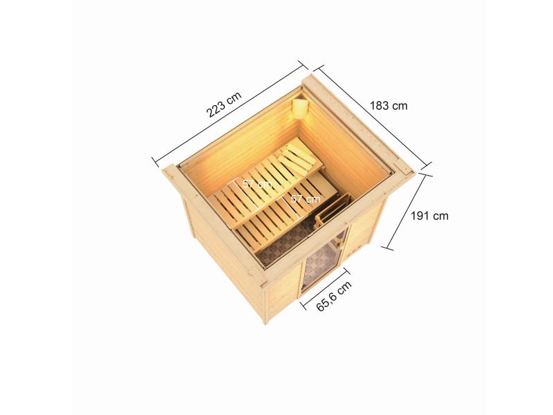 Karibu Sauna Adelina inkl. 9 kW Ofen ext. Steuerung mit klassischer Saunatür -mit Dachkranz-