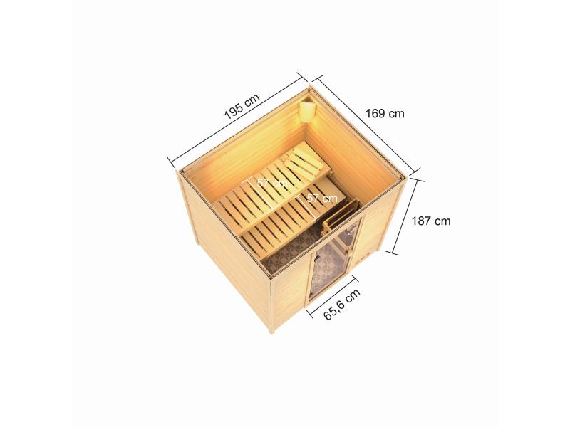 Karibu Sauna Adelina inkl. 9 kW Ofen integr. Steuerung mit klassischer Saunatür -ohne Dachkranz-