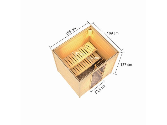 Karibu Sauna Adelina inkl. 9 kW Ofen integr. Steuerung mit klassischer Saunatür -ohne Dachkranz-