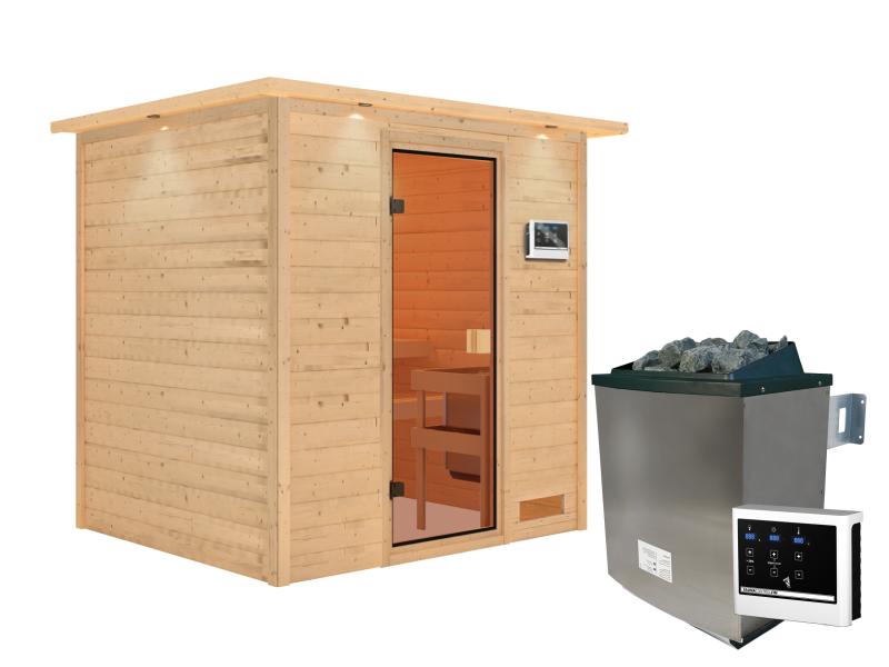 Karibu Sauna Adelina inkl. 9 kW Ofen integr. Steuerung mit klassischer Saunatür -mit Dachkranz-