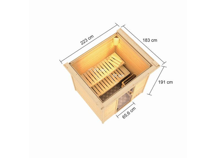 Karibu Sauna Adelina inkl. 9 kW Ofen integr. Steuerung mit klassischer Saunatür -mit Dachkranz-