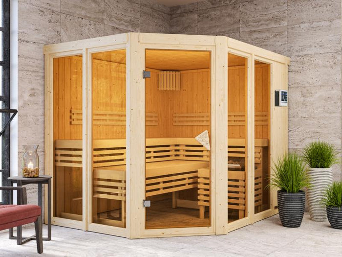 Karibu Sauna Ainur mit 9 kW Bioofen Ext. Strg 68 mm