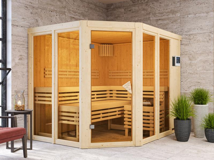 Karibu Sauna Ainur mit 9 kW Ofen Ext. Strg 68 mm