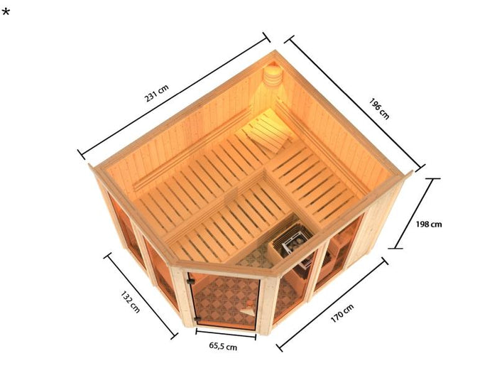 Karibu Sauna Ainur mit 9kW Ofen integr. Strg 68 mm