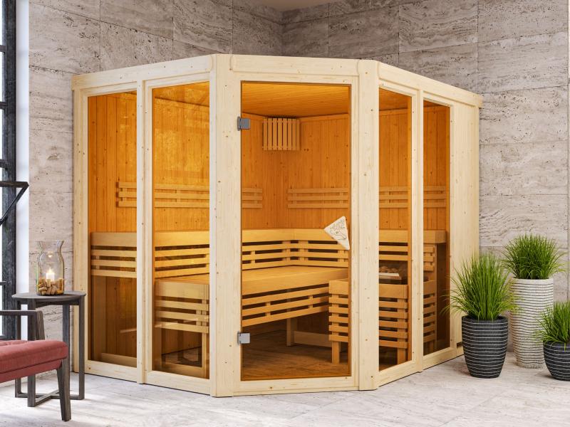 Karibu Sauna Ainur mit 9kW Ofen integr. Strg 68 mm