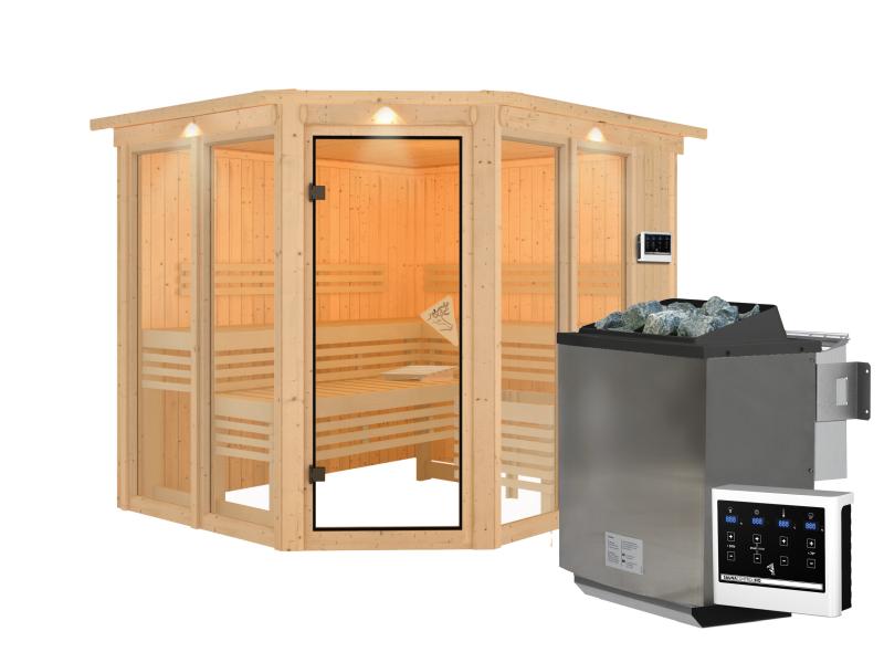 Karibu Sauna Ainur mit Dachkranz und 9 kW Bioofen Ext. Strg 68 mm