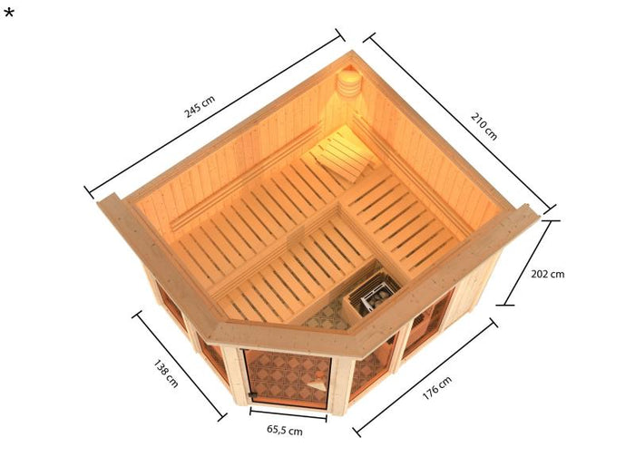 Karibu Sauna Ainur mit Dachkranz und 9 kW Bioofen Ext. Strg 68 mm