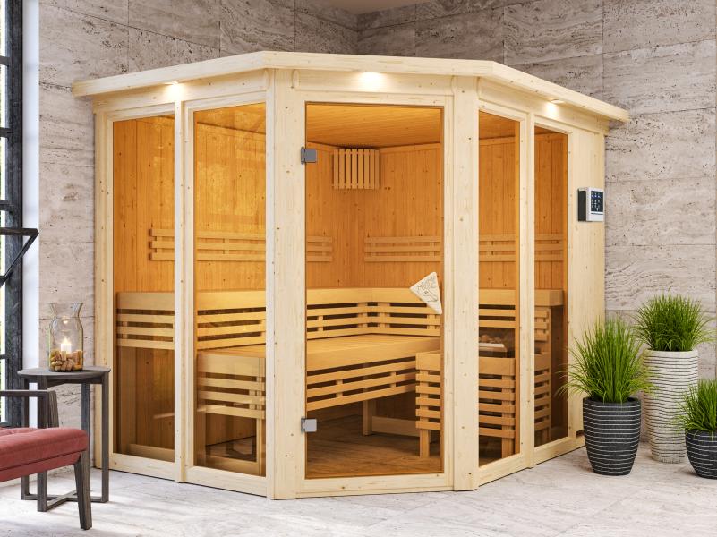 Karibu Sauna Ainur mit Dachkranz und 9 kW Ofen Ext. Strg 68 mm